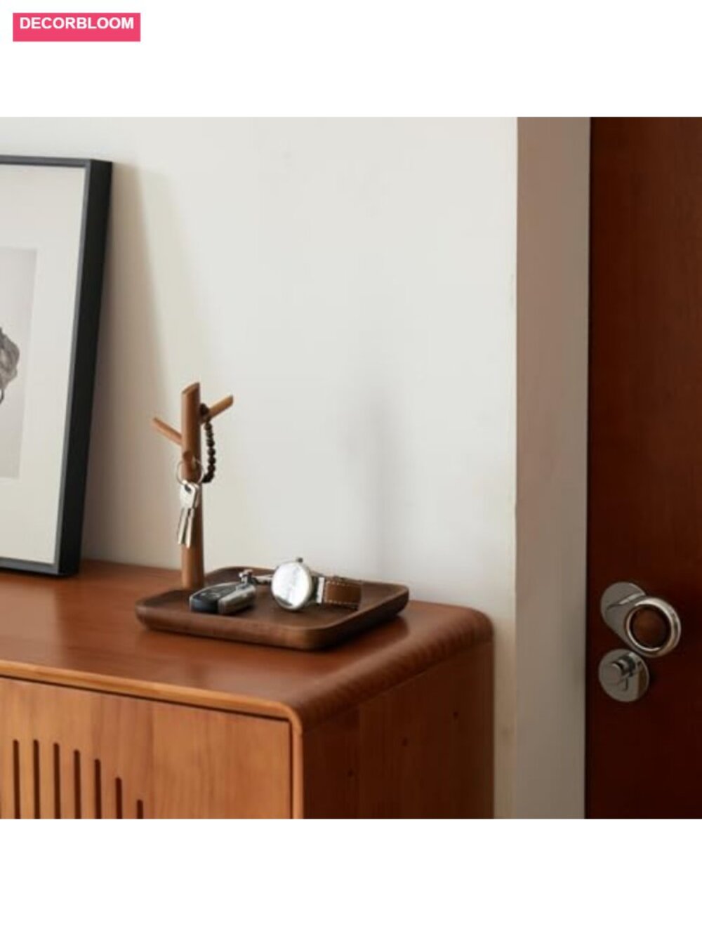 Solid Wood Key Dish Bowl Walnut Entryway Tray with Hooks Jewelry Organizer - Picture 2 of 6